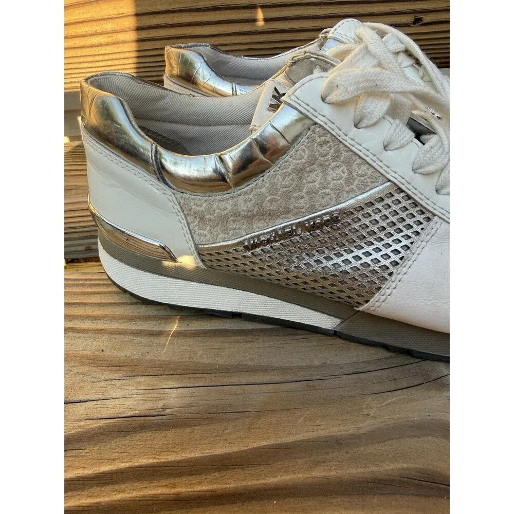 MICHAEL KORS Women's Allie White Cream & Sliver Wrap Trainer Sneakers Sz 8 M